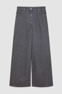 Szare jeansy wide leg z niskim stanem zdobione kryształkami